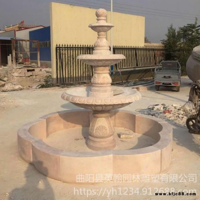 歐式石雕噴泉價格 晚霞紅噴泉水缽 大型噴泉制作 商場裝飾擺件石雕噴泉水景 英翰雕塑廠家