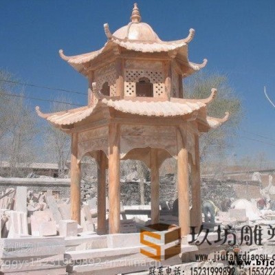 石雕涼亭晚霞紅兩層六角涼亭戶外亭子長廊石雕石亭子建筑物玖坊雕塑