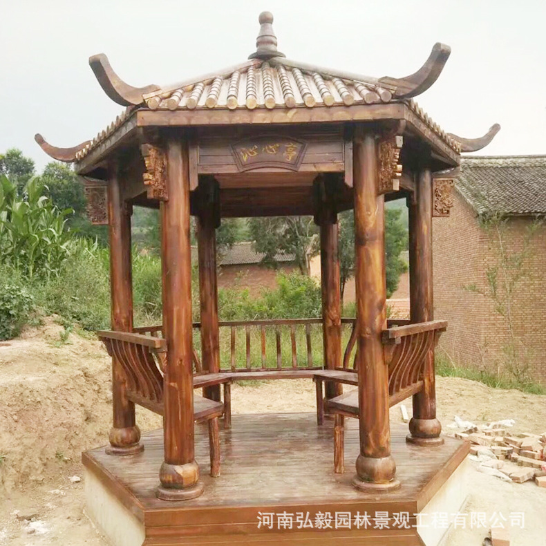 生產(chǎn)供應(yīng)六角雙層防腐木涼亭 六角防腐木涼亭 小區(qū)木亭子示例圖17