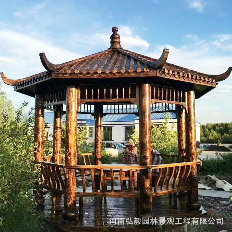 生產(chǎn)供應(yīng)六角雙層防腐木涼亭 六角防腐木涼亭 小區(qū)木亭子示例圖5