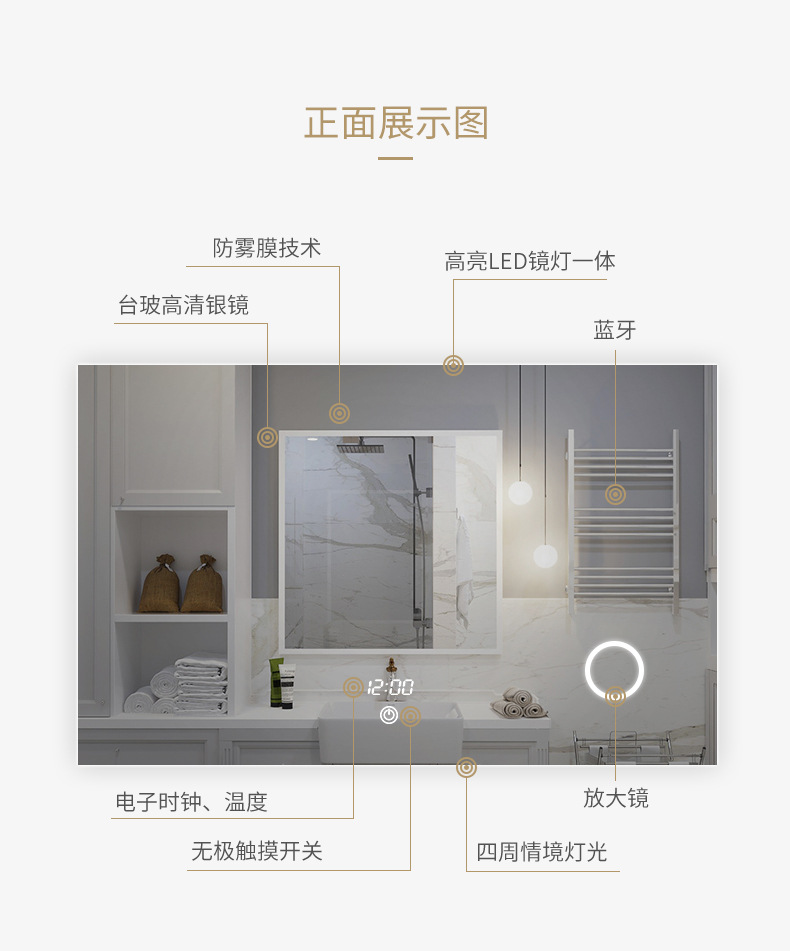 廠家直銷洗臉臺衛浴衛生間銀鏡壁掛式無框智能浴室鏡子帶led燈示例圖18