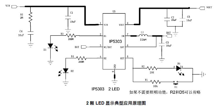 美容儀充電管理芯片ip5303RG1雙LED燈顯示充電紅滿電綠放電不亮燈示例圖2