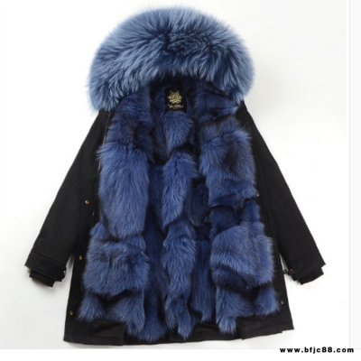 杭州四季青服裝批發2019冬款派克服女中長款狐貍毛內膽可拆卸皮草大衣羽絨服反季清倉品牌折扣尾貨
